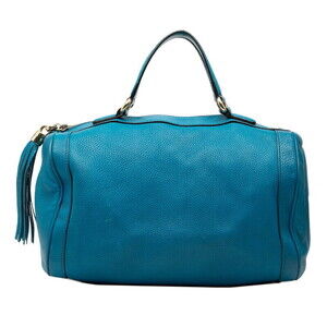 Gucci Soho Interlocking GG Tassel Handbag Boston Bag Blue Leather